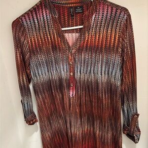 New Directions Spring Red and Brown Patterned Blouse